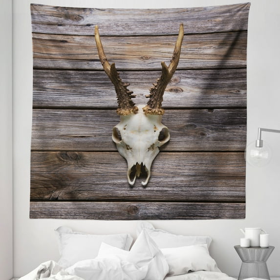 Deer Tapestry, Rustic Antler on Wooden Wall Wintertime Mountain Hut Country Style Rustic Design, Fabric Wall Hanging Decor for Bedroom Living Room Dorm, 5 Sizes, Brown Beige, by Ambesonne