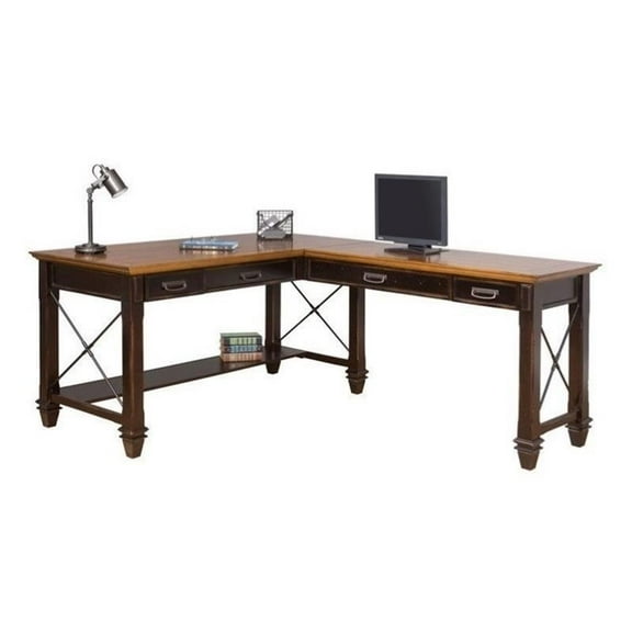 Pemberly Row Rustic Wood 60" L-Shaped Desk in Distressed Brown