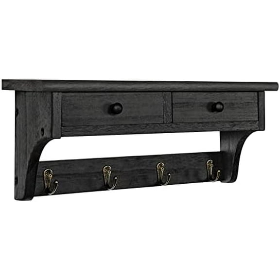 Wood Coat Hooks Wall Mounted, Rustic Style with 4 Hooks & Shelf for Entryway, Mudroom, Bedroom, Kitchen, Bathroom (Black)