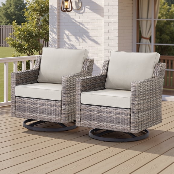 Giantfurnni Outdoor Wicker Swivel Rocking Chairs Set of 2 Patio Rockers with Beige Cushions
