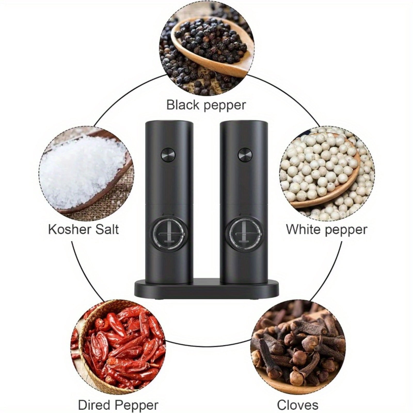 Salt and Pepper Grinder Set - Battery-Powered, Adjustable Coarseness, LED Illumination, with Storage Base