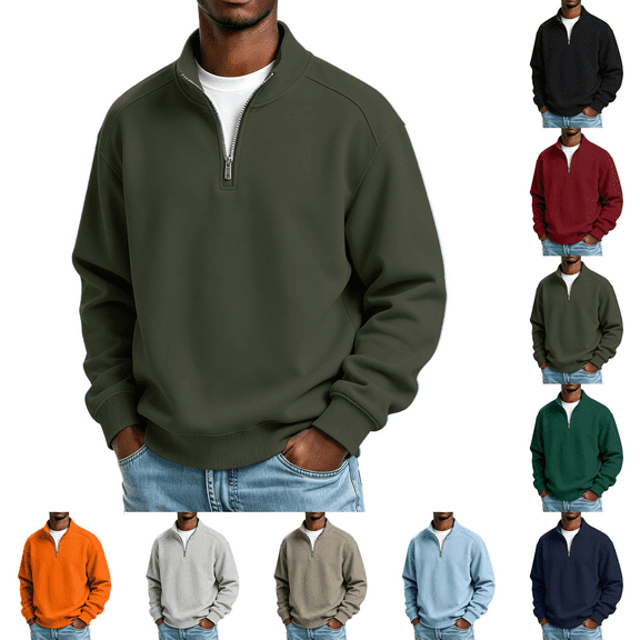 Liuinsasek Men's Stand-Collar Pullover Sweatshirt with Quarter Zipper Solid-Color Casual Long-Sleeve Winter Trendy Outfits