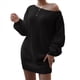 thumbnail image 3 of Vestido Tipo Jersey de Larga con Hombros Descubiertos y Farol para Mujer, de Otoño, Holgado, de Punto Acanalado, Liso Negro XL, 3 of 9