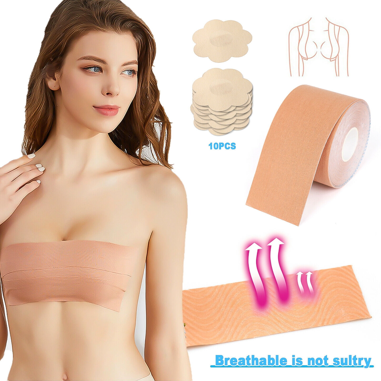 1 pair OUZHOU Women Invisible Silicone Breast Pads Boob Lift Tape Bra Nipple Cover Sticker Pad Bra Sticky Bra Nude Breathable chest patch Plum skin color