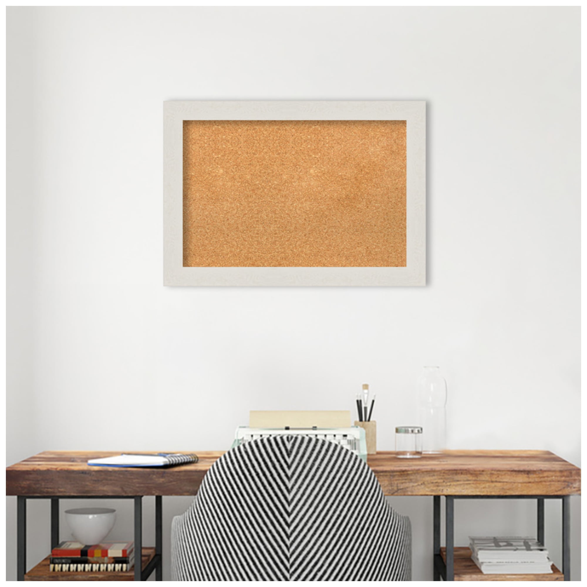 Amanti Art Natural Cork Board Framed Rustic Plank White Narrow Bulletin Board 27 in. x 19 in.
