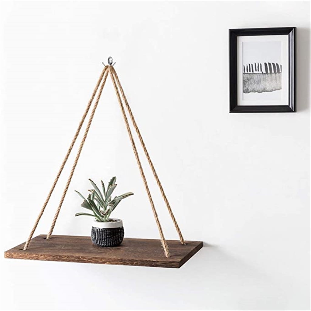 Premium Wood Swing Hanging Rope Wall Mounted Floating Shelves Plant
