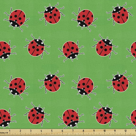 Entomology Fabric by the Yard, Cartoon Style Repetitive Ladybugs on a Meadow, Decorative Upholstery Fabric for Chairs & Home Accents, 3 Yards, Fern Green Dark Coral by Ambesonne