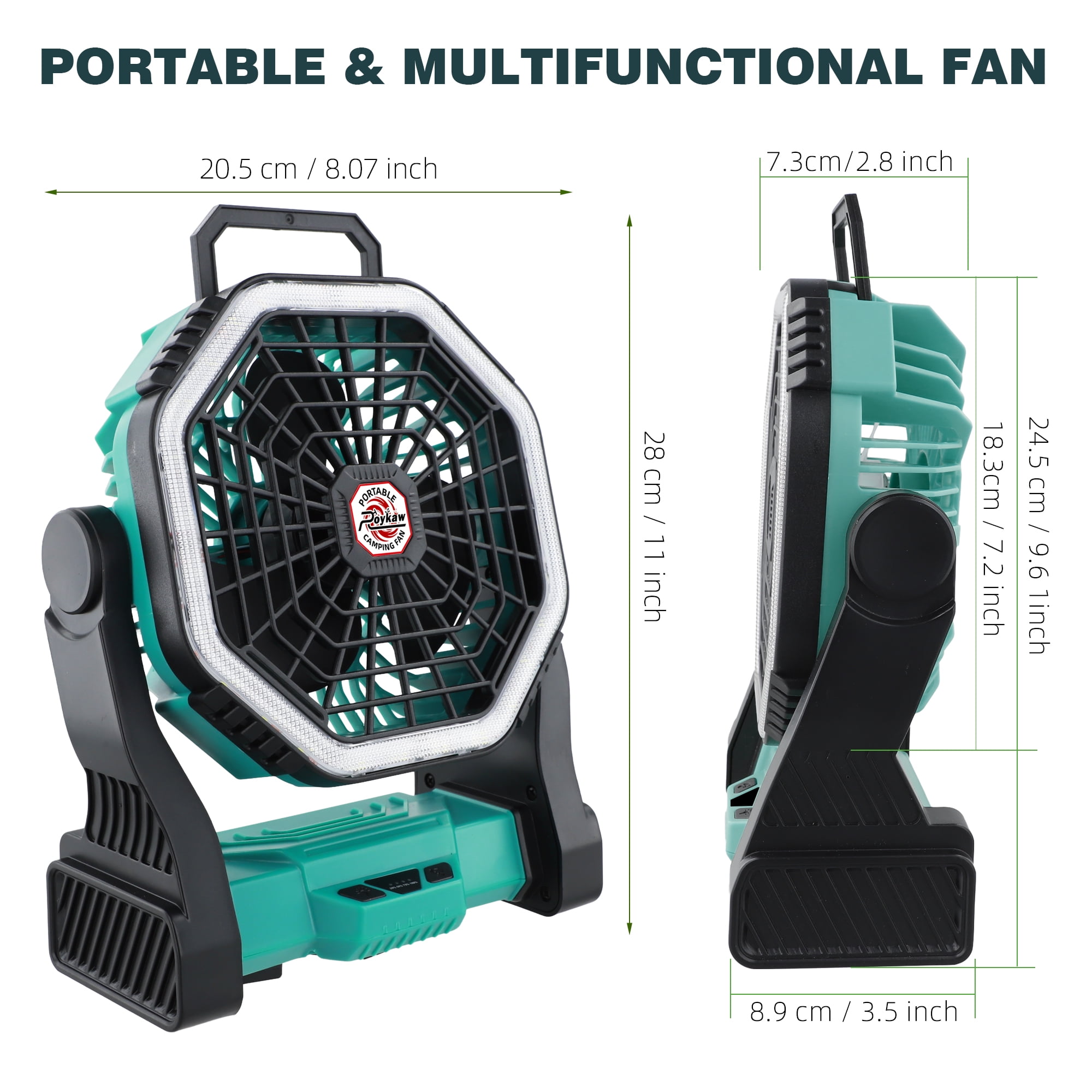Roykaw Portable Fan for Travel, 10400 mAH Rechargeable Camping Fan, Cordless Battery Powered Fan with Led Light, Battery Fan with Handle, Hang Hook for Tent, Fishing, Hurricane Fan for Bedroom, Green