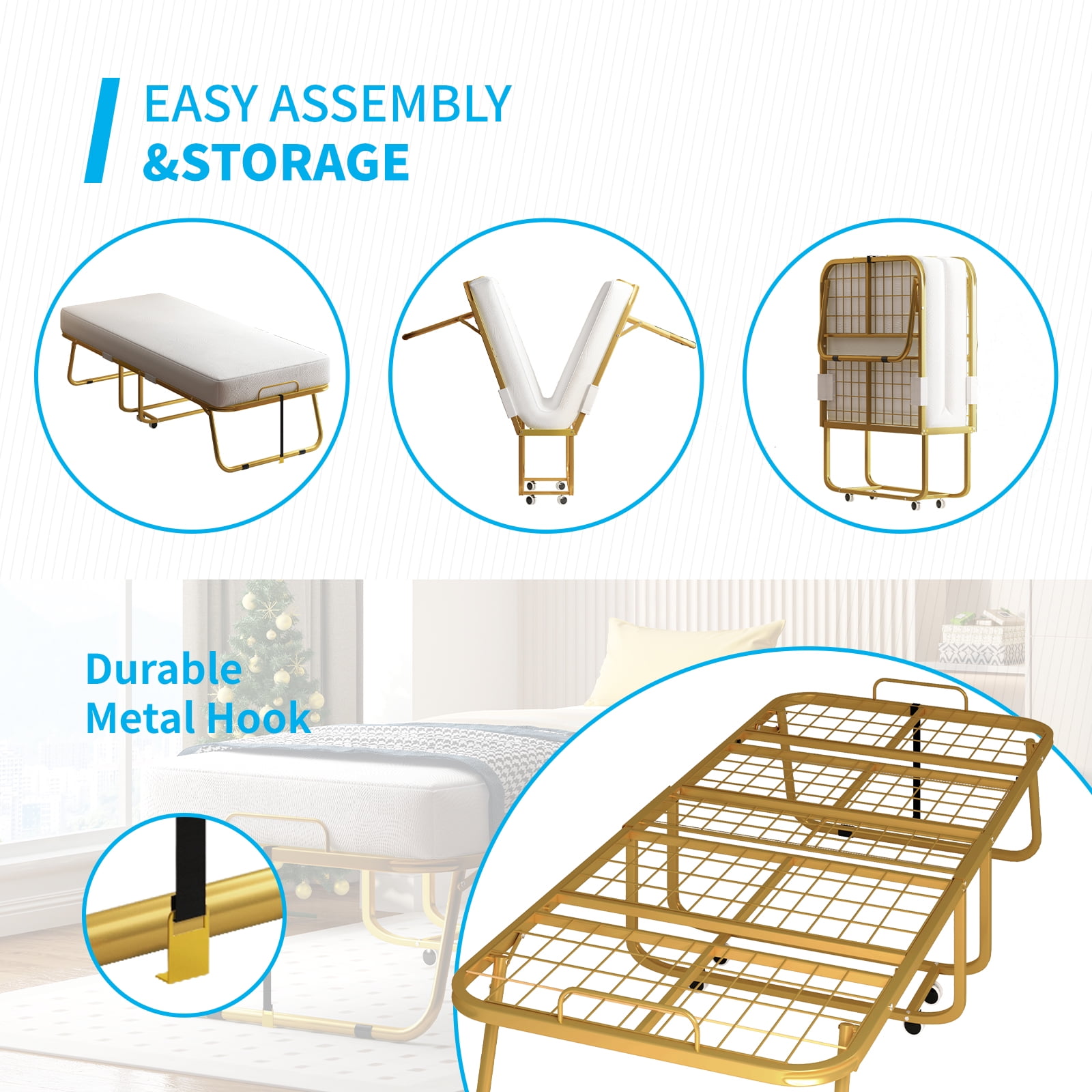 MUZZ Folding Bed with 4 Inch Foam Mattress, 75" x 31" Rollaway Bed with Sturdy Metal Frame, Foldable Guest Bed for Adults, Basic