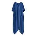 thumbnail image 5 of Women Kaftan Dresses Baggy Cotton Linen Maxi Dress V Neck 3/4 Sleeve Asymmetrical Hem Casual Long Dress with Pocket, 5 of 7