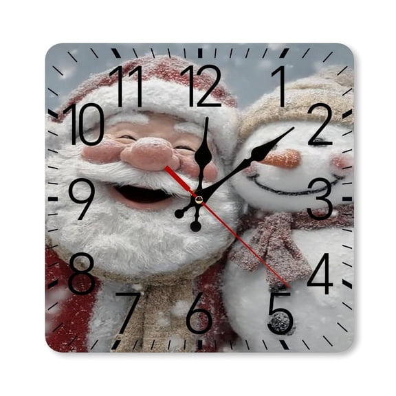 RKSupls 10×10inch Square Silent Wall Clock Wooden Frame, Santa Snowman Snow Scale Decorative Clock for Home Bedroom Living Room Office