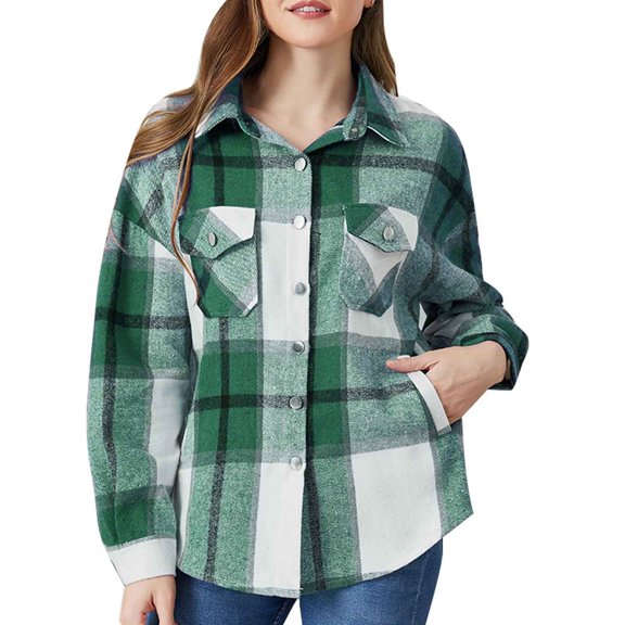 Women's Button Down Plaid Shirt Jacket Long Sleeve Classic Fit Lapel Baggy Casual Tops Shackets with Pockets
