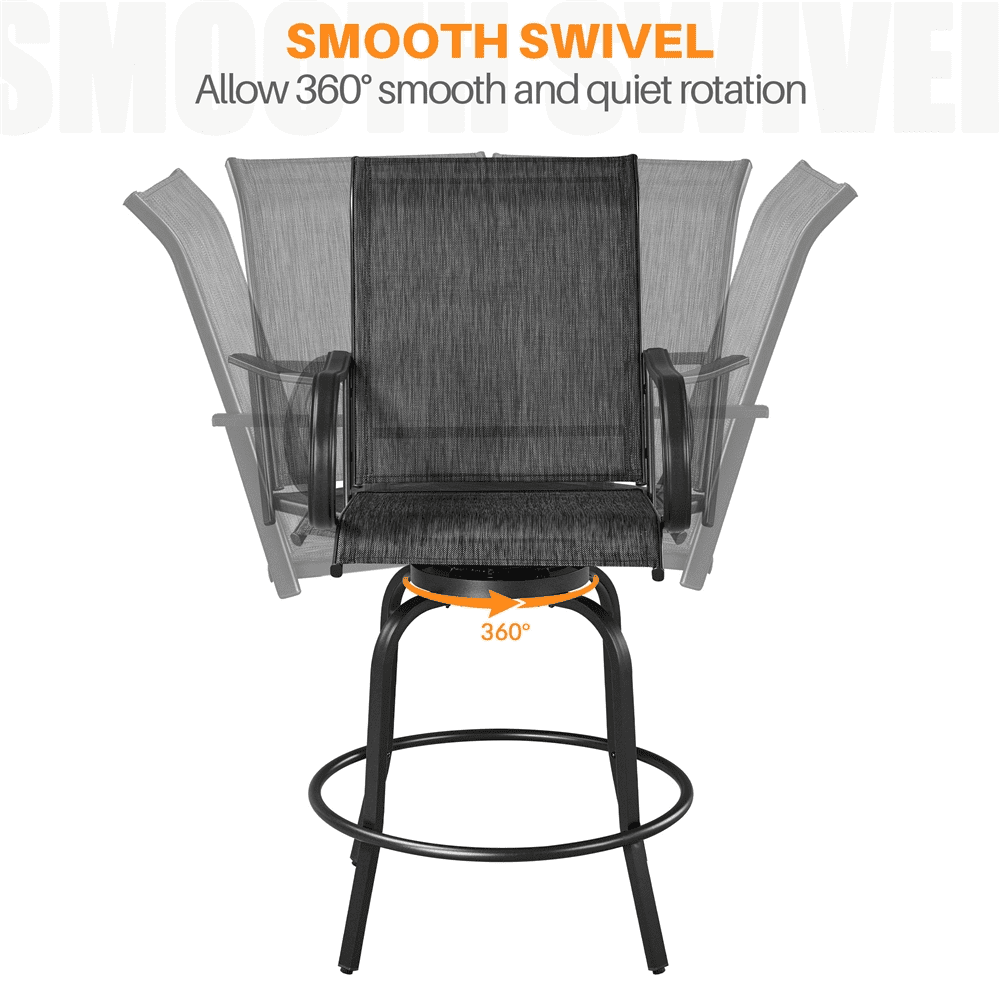Alden Design 2pcs Outdoor Swivel Texteline Bar Stools with High Back for Garden, Black