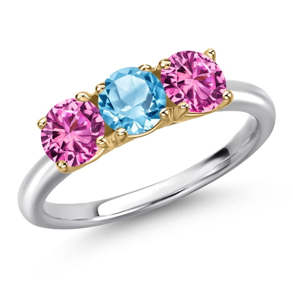 Gem Stone King 10K Two Tone Gold Swiss Blue Topaz and Pink Created Sapphire Engagement Ring for Women | 1.75 Cttw | Round 5MM | Gemstone November Birthstone | Size 8