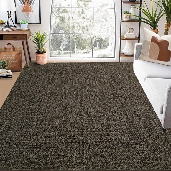 Large Area Rug 9x12ft – Washable Soft Non-Slip Low Pile Carpet with Braided Printed Design, Brown – Stain-Resistant Farmhouse Rug for Living Room and Bedroom