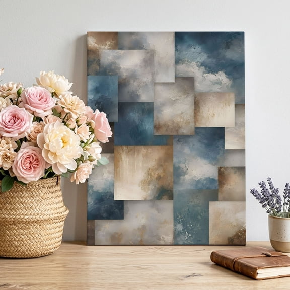 Canvas Wall Art Abstract Block Canvas Art Print Minimalist Brown Blue Overlapping Tiles Textured Pictures Wall Decor for Living Room Bedroom Artwork Decorations Stretched Framed Ready to Hang 24"x32"