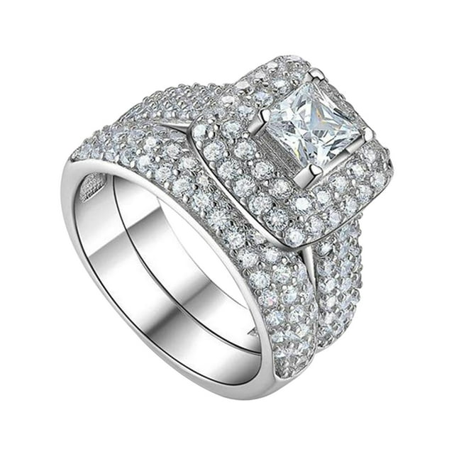 Kcodviy 2Pcs Set Couple Princess Rings for Men Set Square Set Ring Engagement Stacking Rings Jewelry Wedding Jewelry for Women