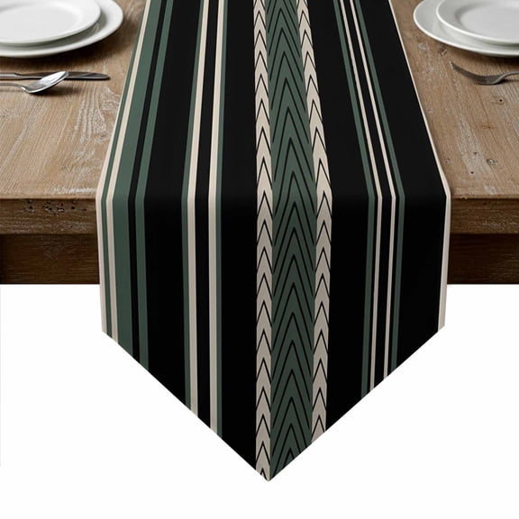 Black Green Beige Table Runner Linen Burlap Table Runner 70 Inches Long Boho Farmhouse Vintage Abstract Striped Dresser Scarves for Kitchen Island Coffee Dining Room Party Holiday Decoration 13"x70"