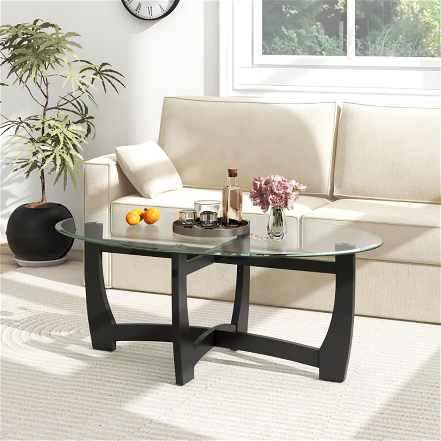 Demi Bonn Oval Coffee Table, Dining Center Tables with Tempered Glass Tabletop and Rubber Wood Legs for Living Room, Bedroom, Office and Balcony, Black