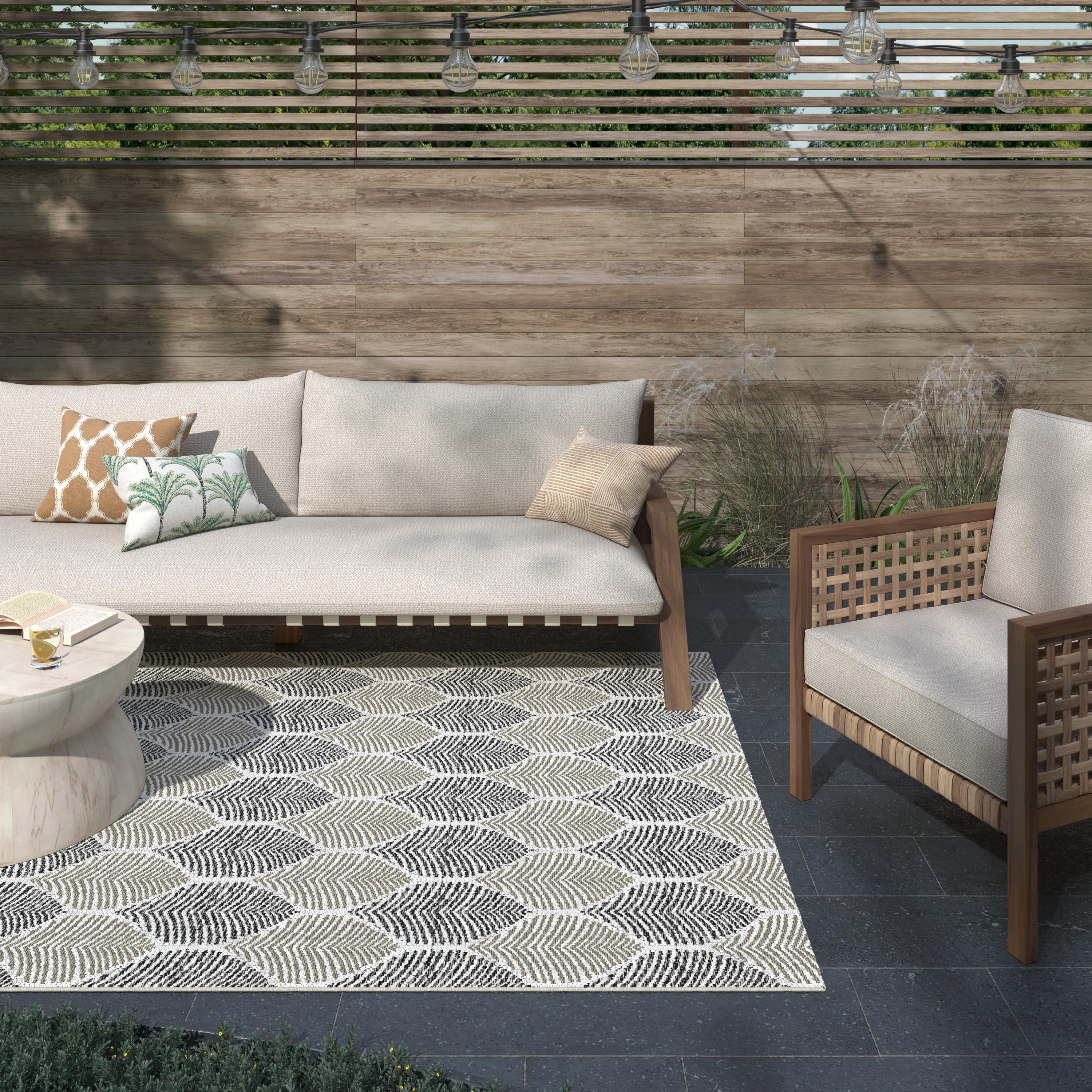 Neutral Polypropylene Rug Foliage White, Neutral, Black Indoor / Outdoor Polypropylene Area Rug ...