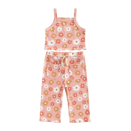 

Suanret Toddler Baby Girls Summer Clothes Ribbed Floral Print Sleeveless Tanks Tops+Long Pants Casual Outfits Pink 4-5 Years