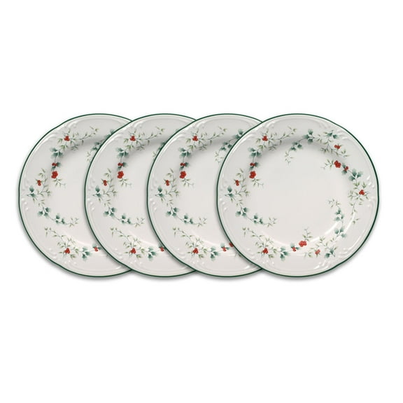 Pfaltzgraff Winterberry 8 inch Stoneware Salad Plates, Set of 4, White with Green and Red Accents