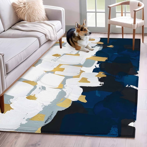 Blue White Area Rug 4x6 Washable Rug Non Slip Gold Graffiti Painting Art Retro Country Large Area Rug Indoor Floor Carpet for Entryway Bedroom Kitchen Living Room Home Office Dining Room Nursery