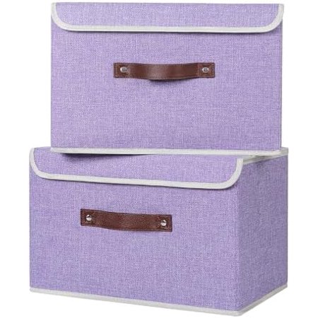2PCS Storage Bins with Lid PU Leather Handles Storage Boxes PP Plastic Board Decorative Foldable Lidded Cotton Linen Fabric Home Cubes Baskets Closet Organizer Containers - Purple Large Size