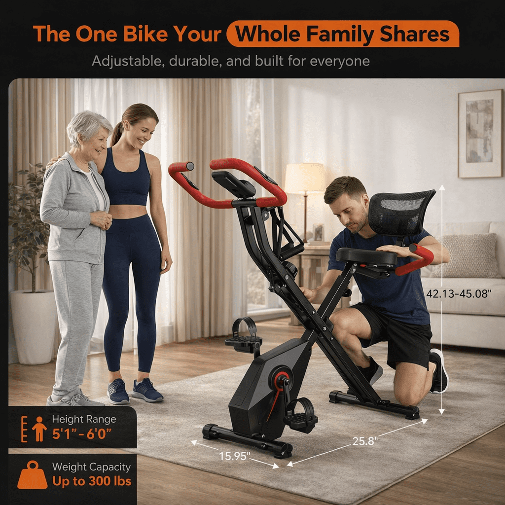 USLIM 5-in-1 Foldable Exercise Bike for Home Cardio Workouts with Backrest, 16-Level Magnetic Resistance, Resistance Bands, 300 lb Capacity