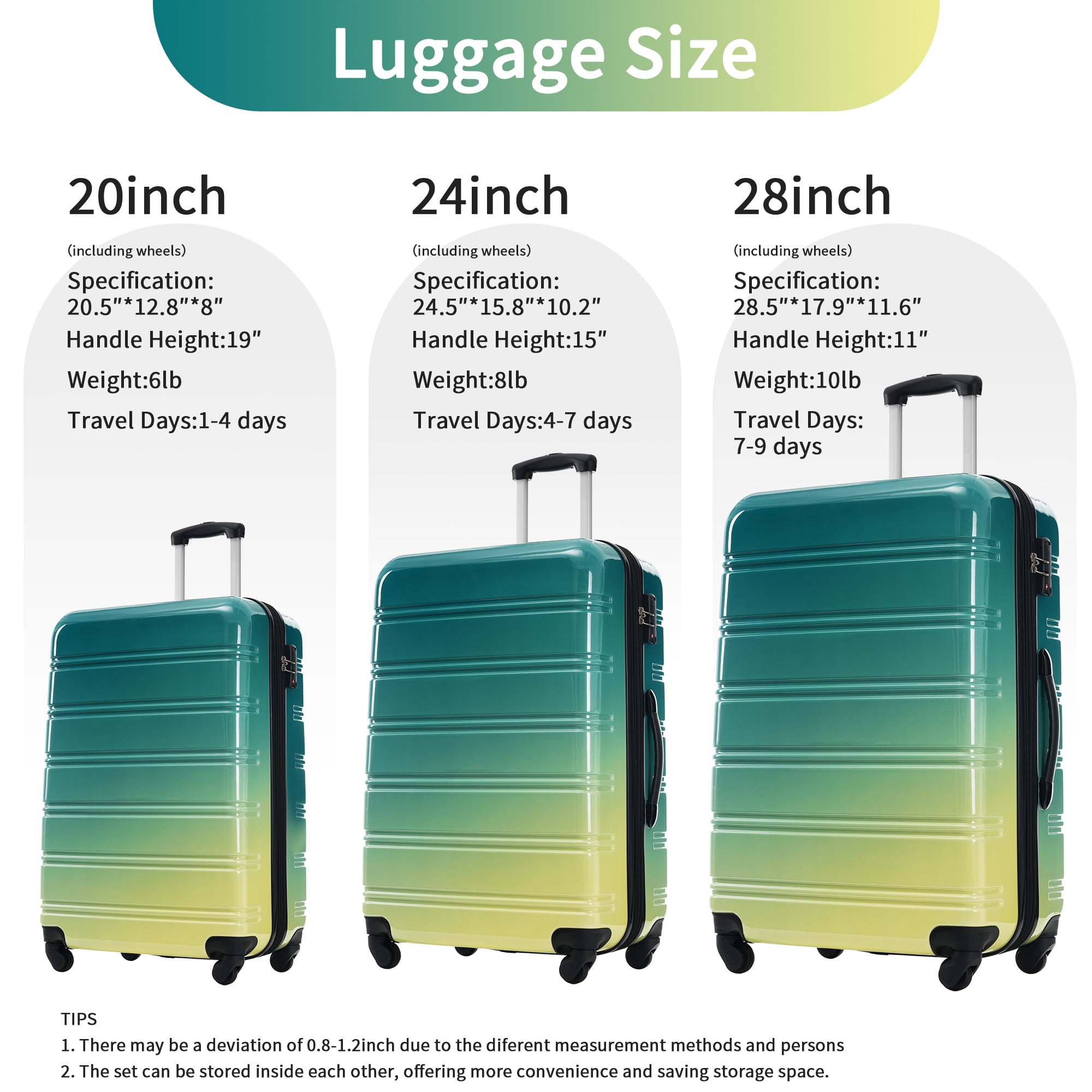 MODERNLUXE 3PCS ABS Hardside Luggage Set,Gradient Color Expandable Suitcase with Spinner Wheels and TSA Lock, 20/24/28 Inch,Green & Yellow