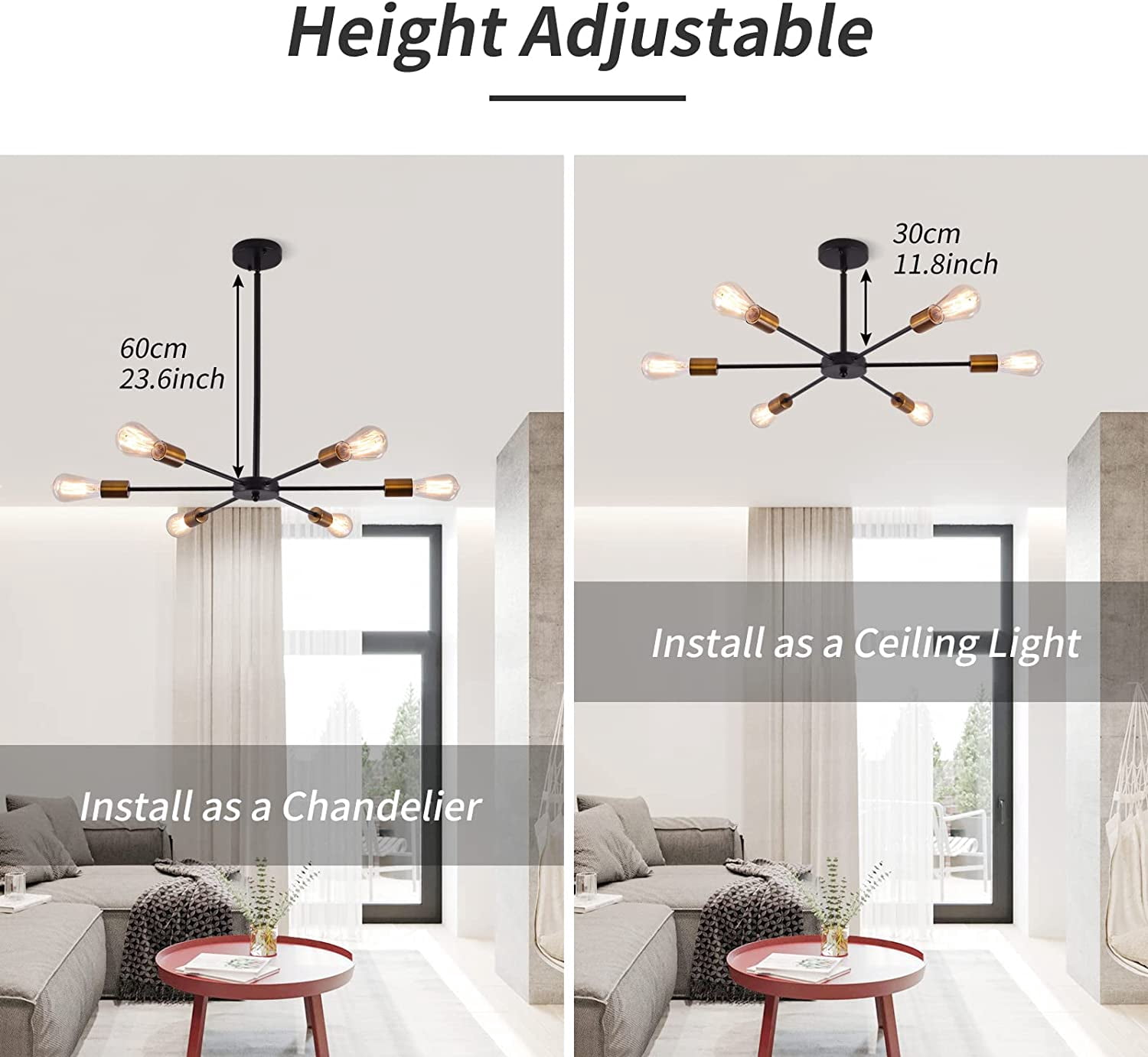 Garwarm Sputnik Chandeliers 6-Light Modern Ceiling Light Fixture Industrial Metal E26 Hanging Pendant Lamp for Farmhouse Kitchen Living Room Lighting