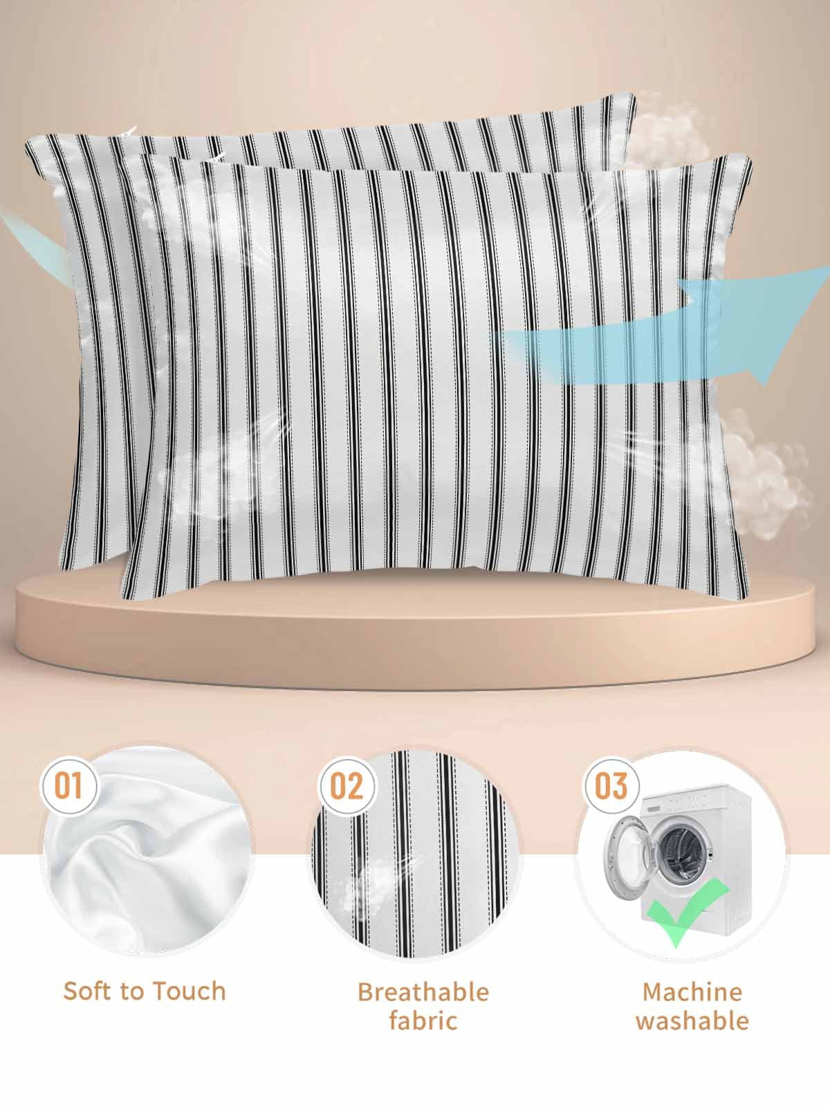 Black Striped Pillow Cases Standard Size Set of 2, Smooth Satin Pillowcase for Hair and Skin, Black White Stripes Farmhouse Decorative Cooling Bed Pillow Covers with Zipper, 20x26 Inches