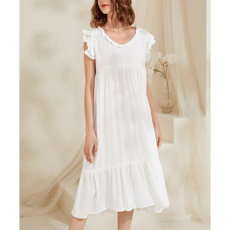 Homgro Women s Victorian Sleep Dress Vintage V Neck Nightgown Mid length Ruffle Sleeve Sleeveless Cotton Lounge Dresses Flowy Swing White Medium