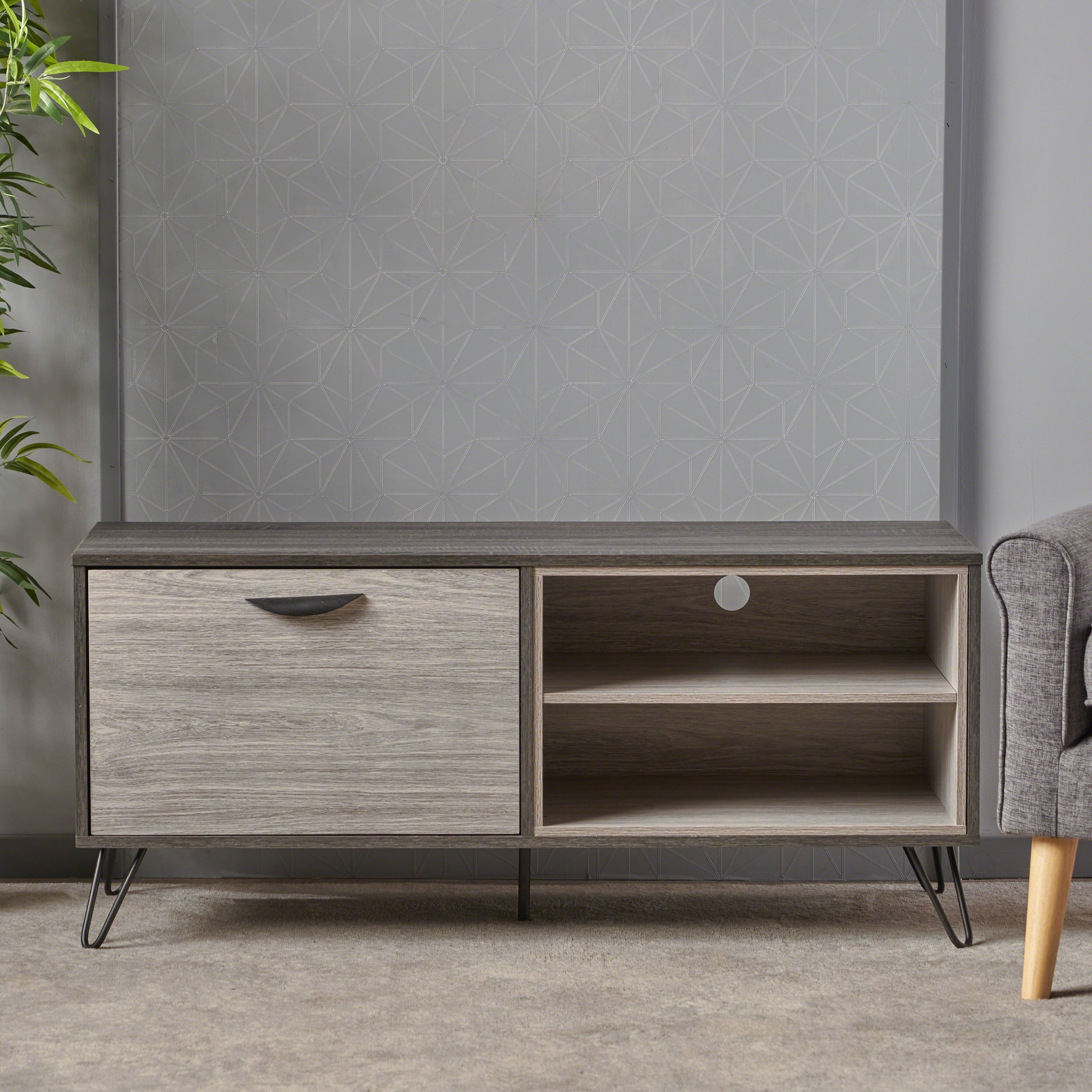 Noble House Amari Mid Century Modern Two Toned Faux Wood TV Stand, Grey