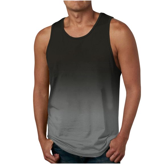 WREESH Men's Summer Tank Tops New Gradient Print Shirt Casual Round Neck Sleeveless Workout T-Shirts Gray