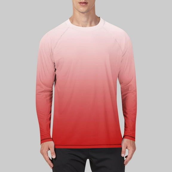 SYMOID Mens Watermelon Red Ombré Long Sleeve Stretch Shirt - Raglan Sleeves, Crew Neck, 95% Polyester 5% Spandex, S-XXXXXL for Casual/Outdoor/Gym,Size XL