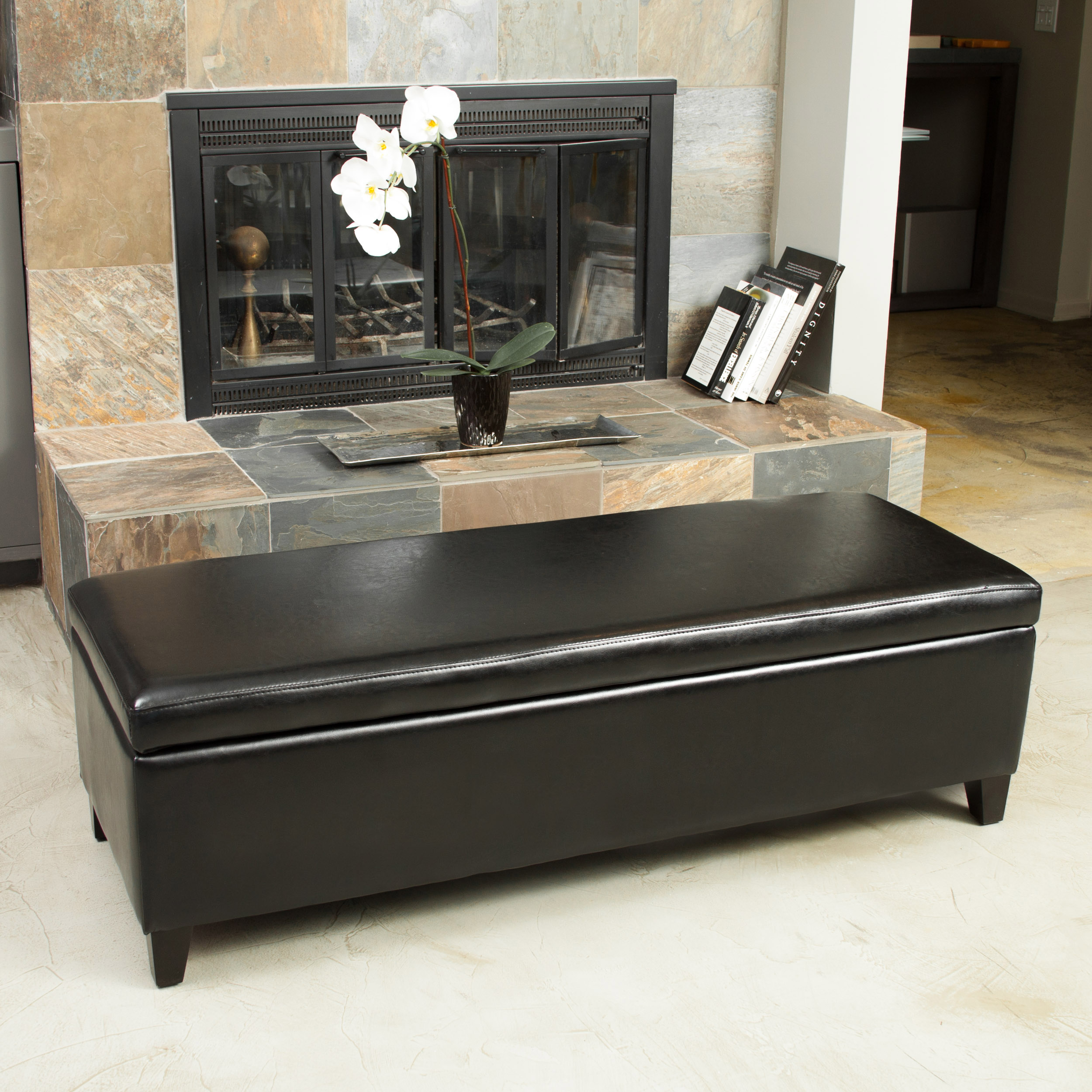 Noble House Farmer Bonded Leather Storage Ottoman Bench, Black