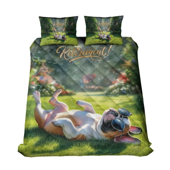 Happy Retirement with French Bulldog Enjoy Life Rest Time Quilt Bedding Set Dog Lover Gifts 1 Blanket Bed Cover 2 Pillowcases - 02027