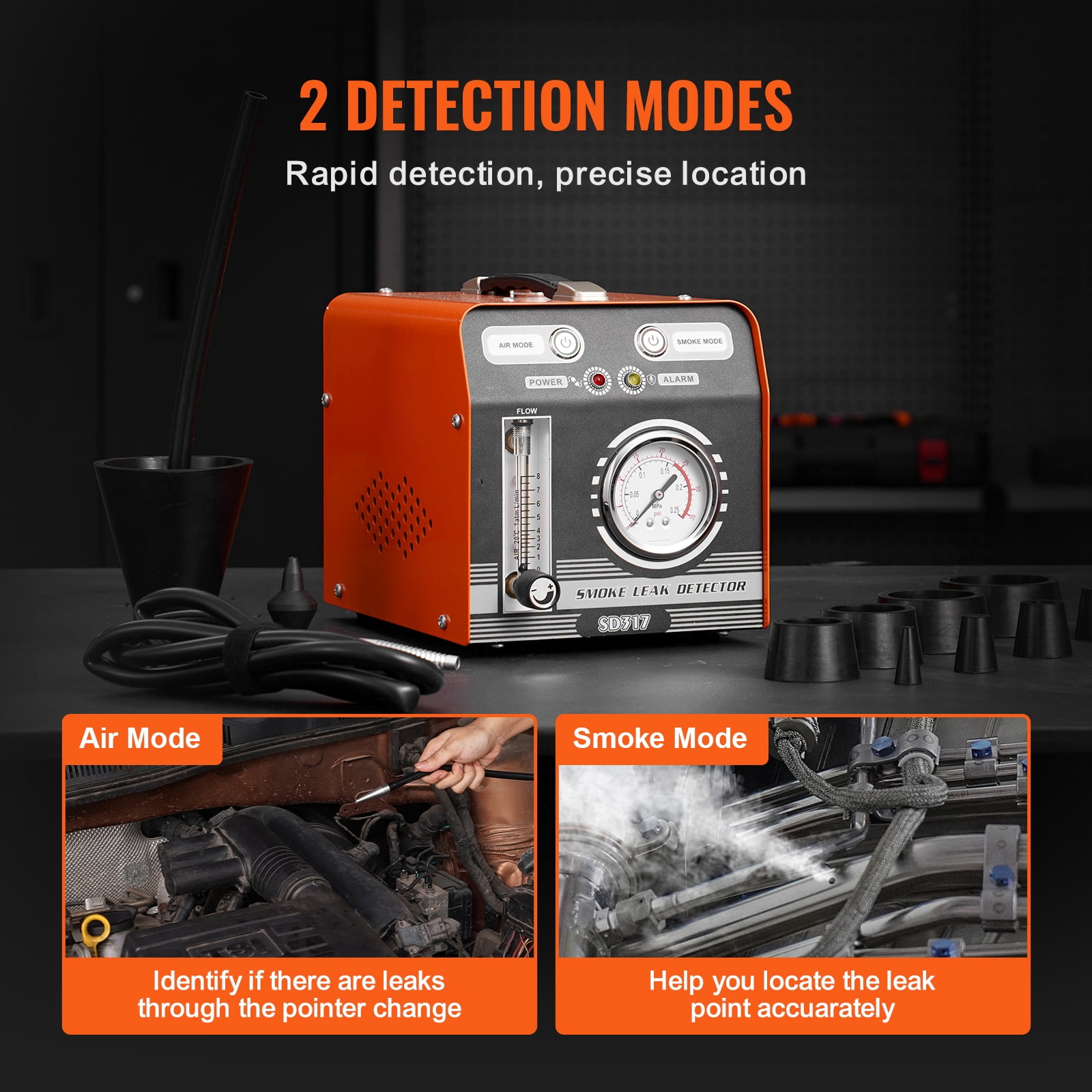 KFFKFF Car Smoke Machine for Leak Detection, Includes Integrated Air Pump, Pressure and Flow Meters, Versatile Dual-Mode System for Checking Vacuum and Fuel Lines