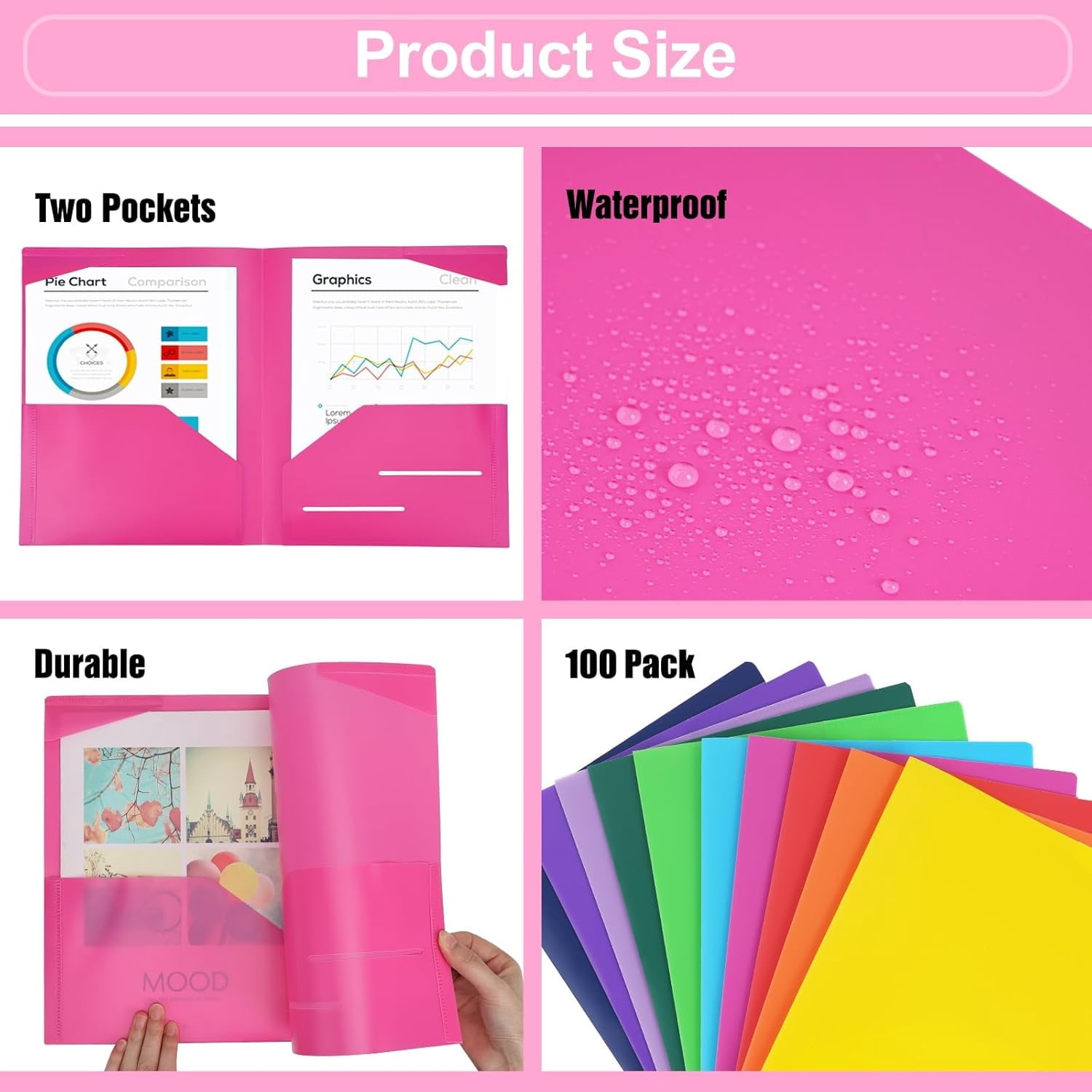 100pcs Plastic Folders with Pockets, Pocket Folders with 4 Pockets for Office and School, Letter Size, 10 Assorted Colors