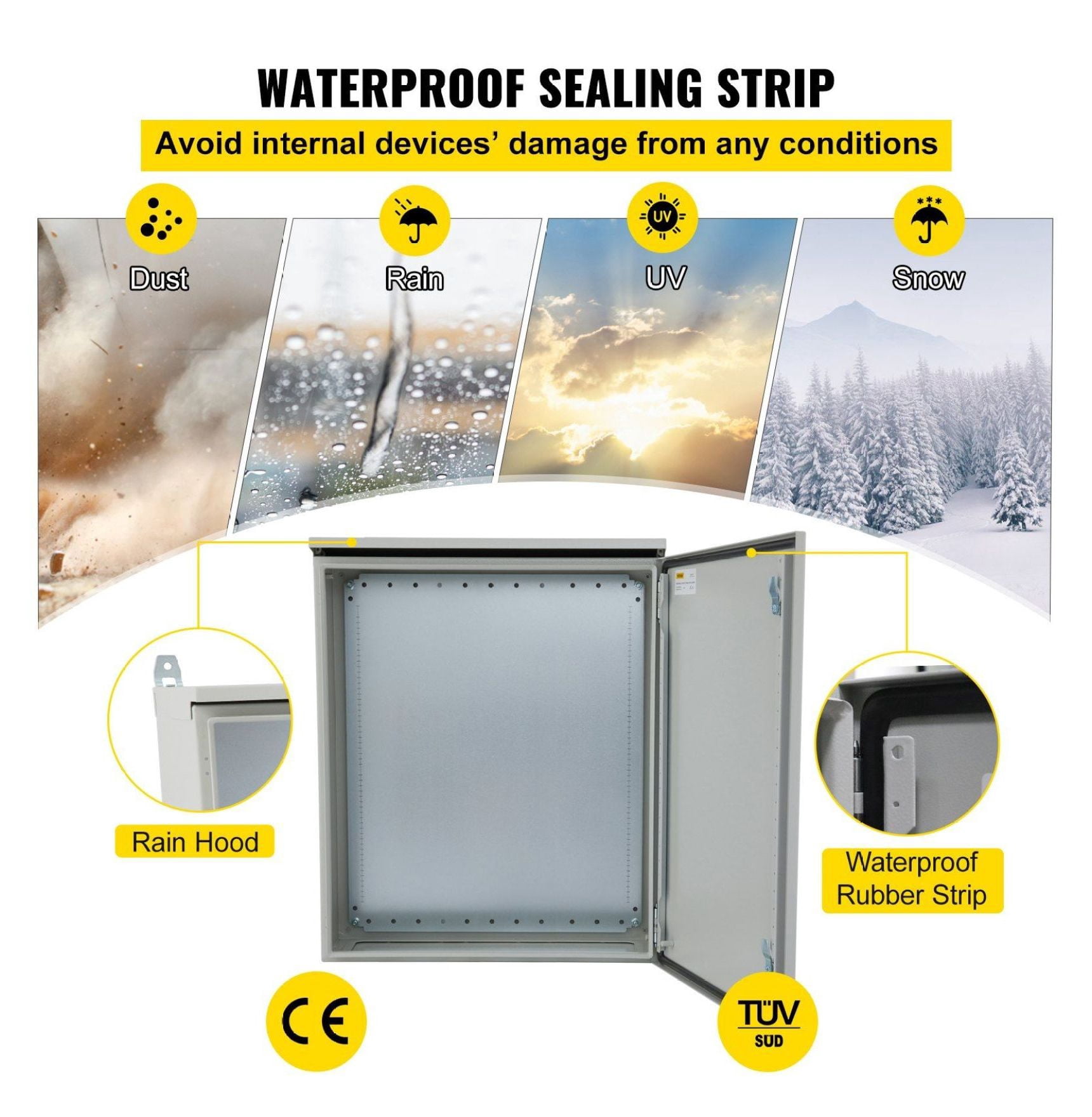 Electrical Enclosure 24x24x12 NEMA 4 Outdoor Box, IP65 Waterproof Steel Junction Box, Hinged, Indoor/Outdoor Use, Rain Cover Compatible