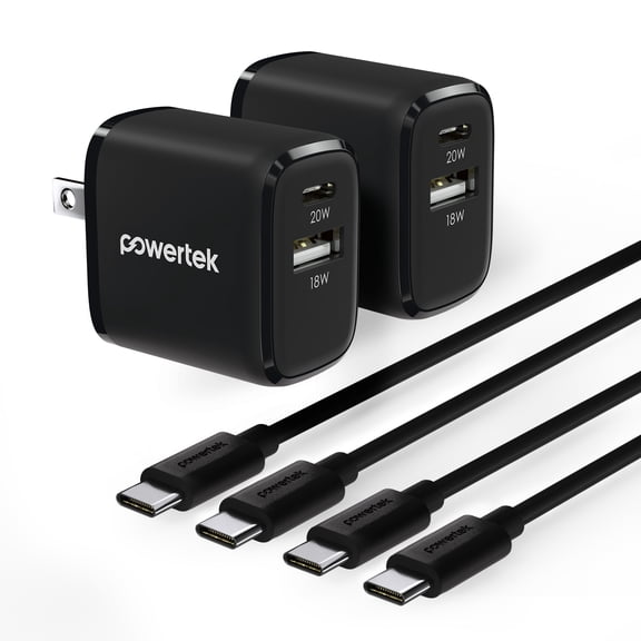 Powertek Value 4-Pack Bundle Black, Dual Port 20W USB-C and 18W USB-A Wall Chargers with 6ft USB-C to USB-C Cables for iPhone 15 and Newer, Tablets & USB-C Devices