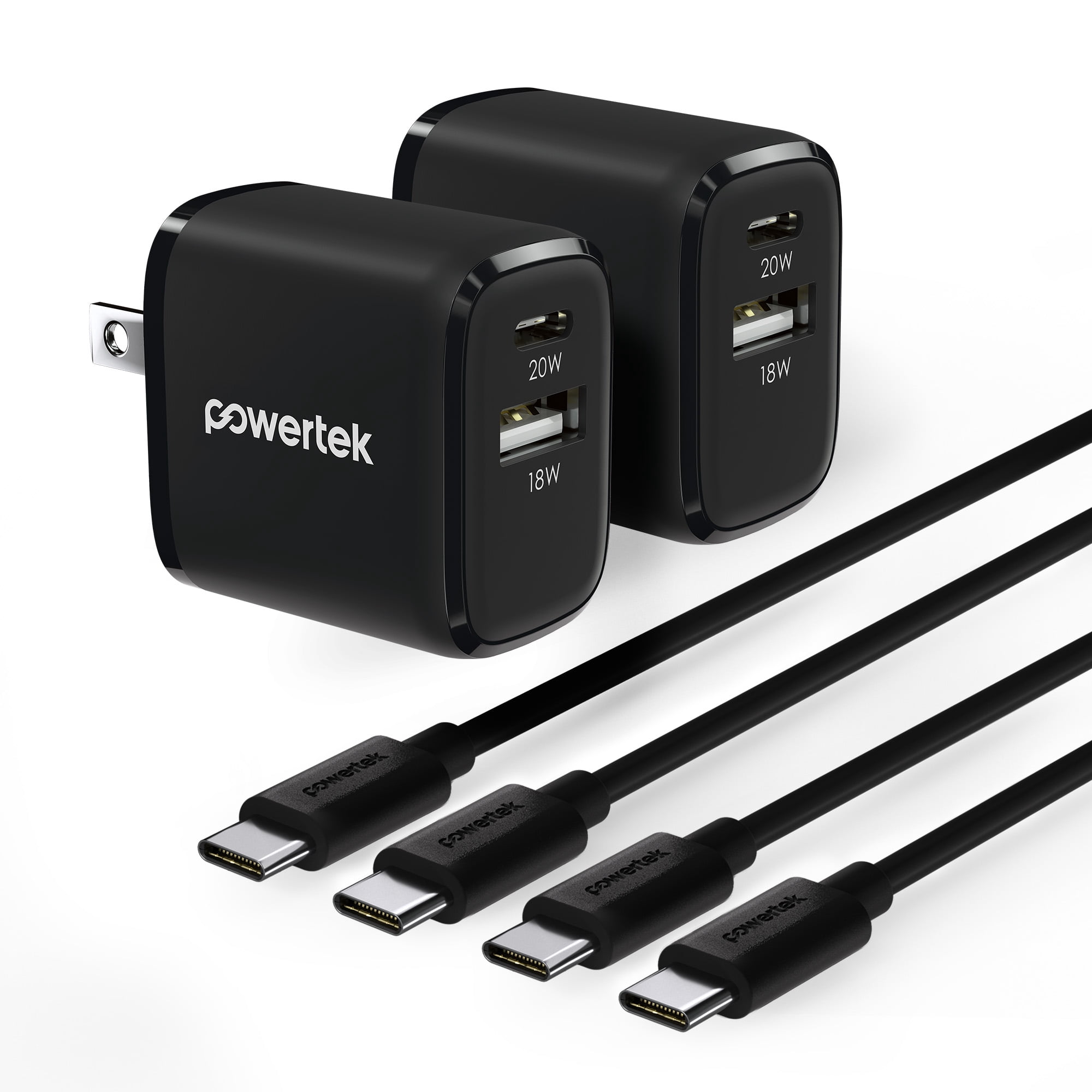Powertek Value 4-Pack Bundle Black, Dual Port 20W USB-C and 18W USB-A Wall Chargers with 6ft USB-C to USB-C Cables for iPhone 15 and Newer, Tablets & USB-C Devices