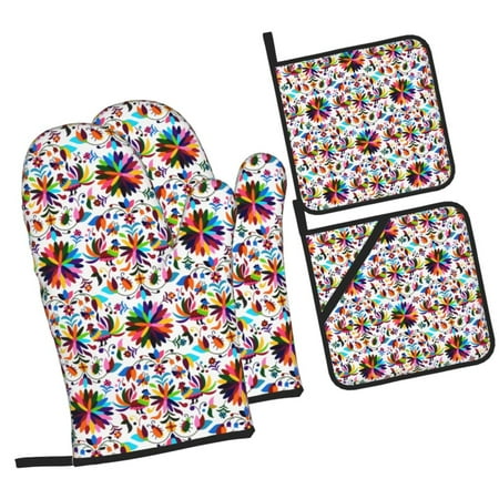

Fotbe Mexican Bright Style for 4Pcs Oven Mitts and Pot Holders 500℉ Heat Resistant Oven Mitts Non-Slip Silicone Surface Safe for Baking Cooking BBQ