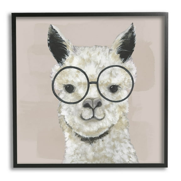 Stupell Industries Happy Alpaca Glasses Portrait Graphic Art Black Framed Art Print Wall Art, Design by Tava Studios