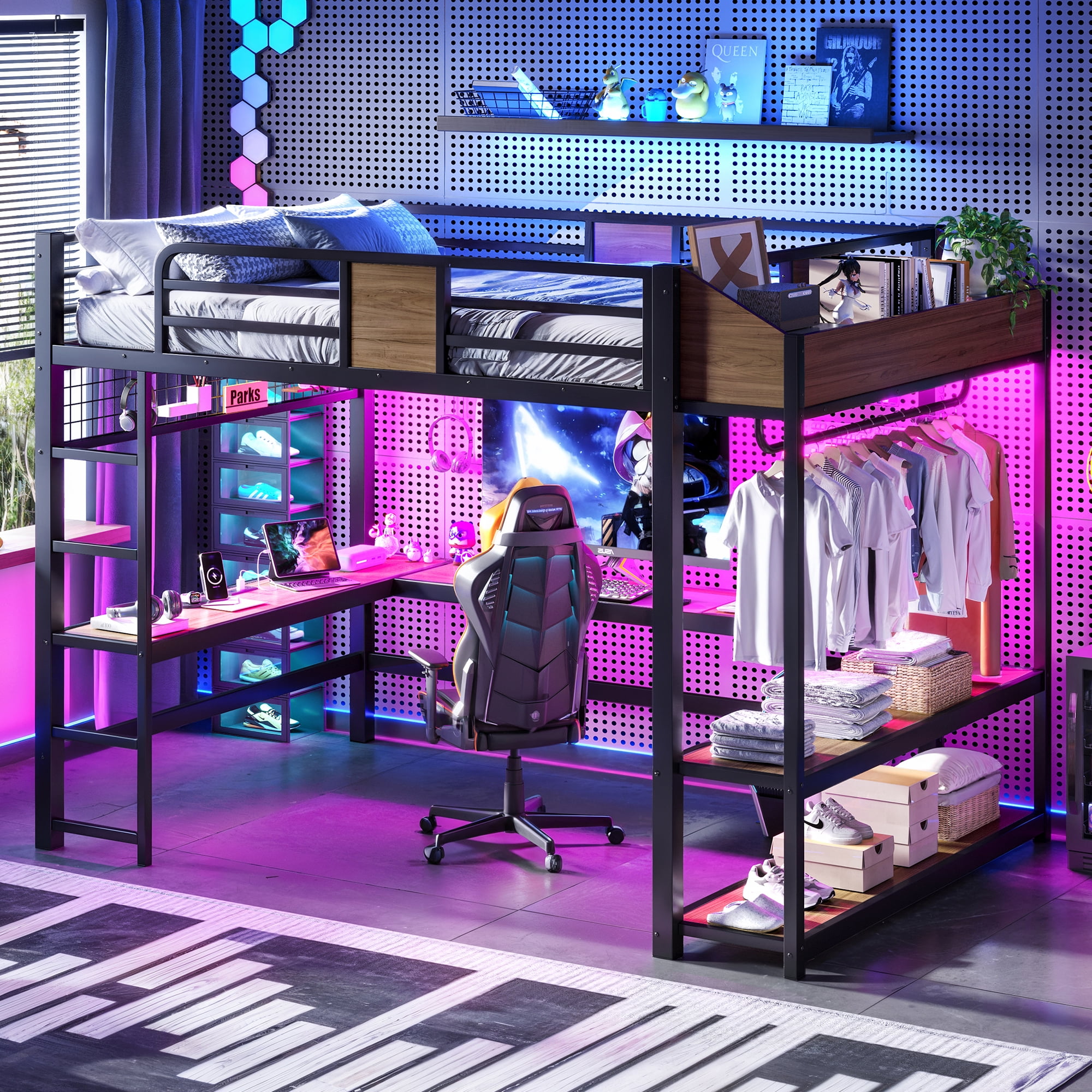 Mintazer Queen Metal Loft Bed with L-Shaped Desk & LED Light Strip, Loft Bed Frame with Charging Station and Clothes Hanging Rod & Storage Shelves for Teen Adult Small Apartment Dorm, Black & Walnut