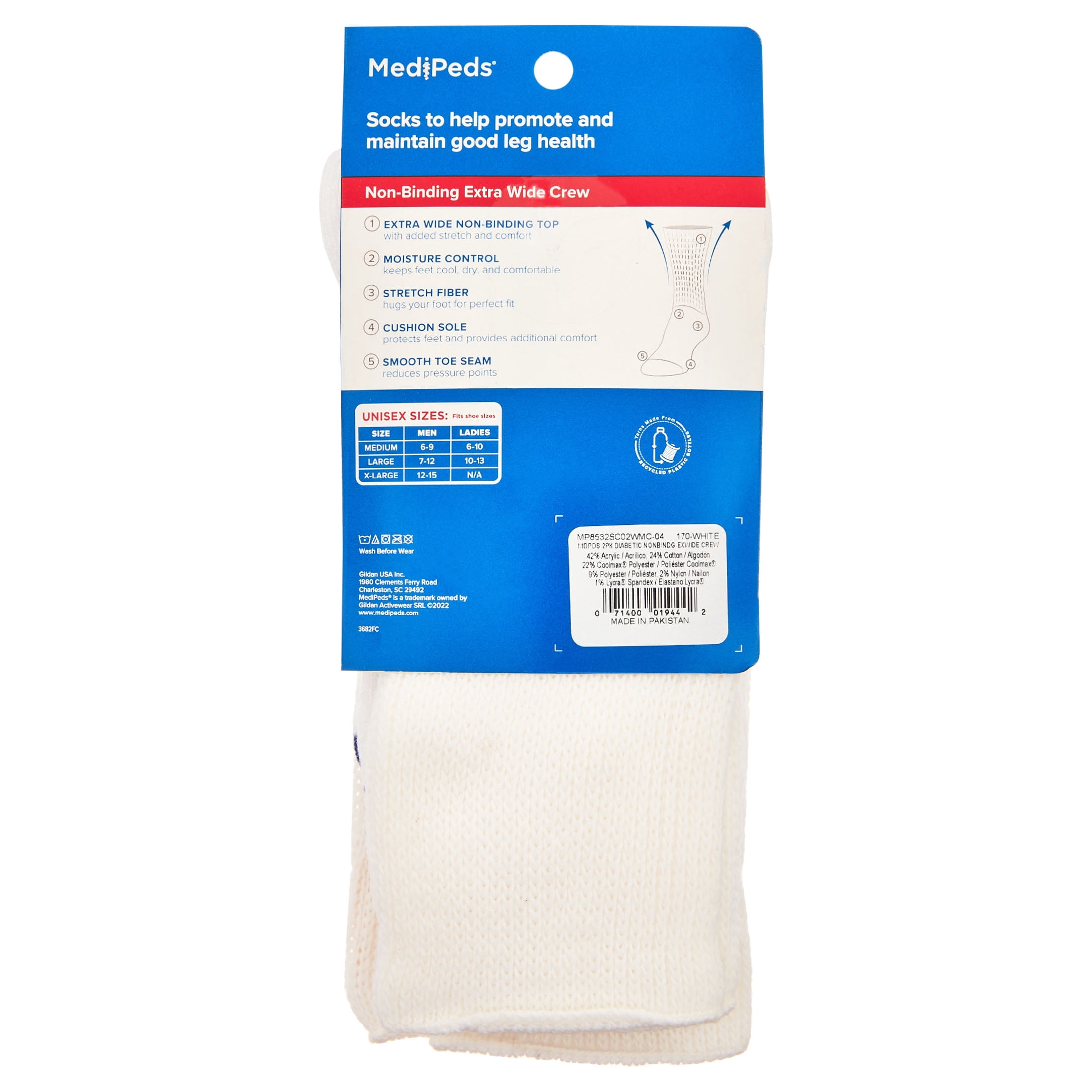 MediPeds Diabetic CoolMax Extra Wide Crew Socks, Large, 2 Pack