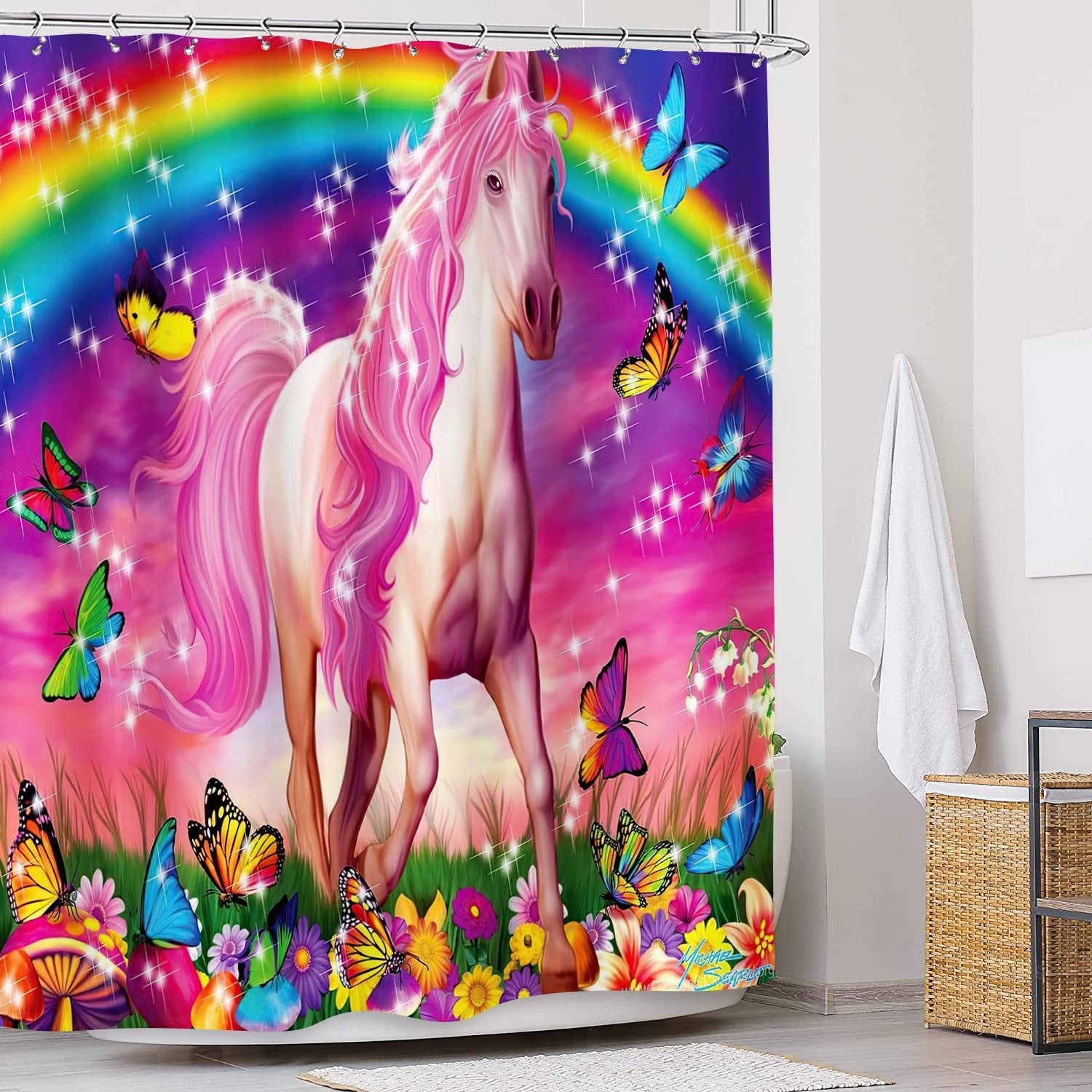 Unicorn Shower Curtain Set for Girls, Funny Cartoon Animal Colorful