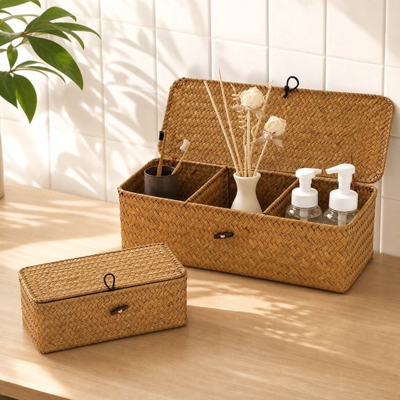 Yahome 1Pcs Seagrass Woven Storage Basket with Lid Wicker Shelves Storage Baskets with 3-Section Toilet Paper Basket Holder for Bathroom Table