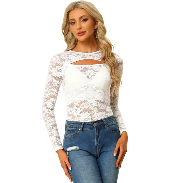 Blusa transparente transparente de manga larga con abertura frontal de encaje floral para mujer Blanco XS